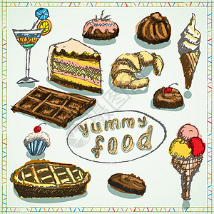 食物沙漠布置草图画手绘彩色甜点胡扯馅饼香草美食奶油卡通片插图写意糖浆图片