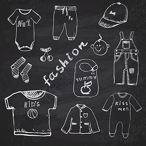 婴儿男孩的衣物用手画草图 在黑板背景上织物插图服饰涂鸦童年标签球衣手绘连体衣衬衫图片
