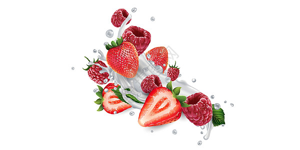 喷洒酸奶或牛奶的草莓和浆果厨房广告甜点饮料食物营养液体产品飞溅鞭打图片
