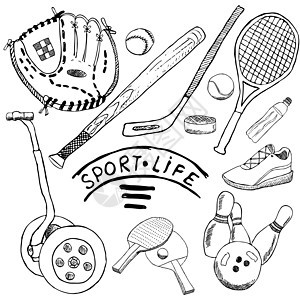 体育素描图面条元素 用棒球棒和手套 Hokkey网球项目 绘画面条收藏 在白色背景上隔绝线条球瓶皮革曲棍闲暇球棒运动棒球冰球蝙蝠图片