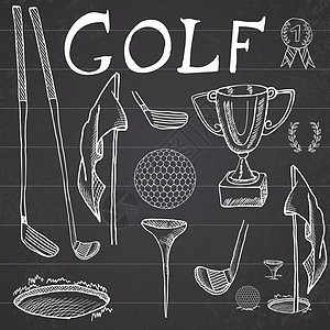 高尔夫运动手绘素描集矢量插图 包括高尔夫球杆 球 T 恤 带旗帜的洞和奖杯 绘图涂鸦元素集合 黑板背景娱乐冠军游戏竞赛粉笔俱乐部图片