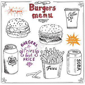 带汉堡包 芝士汉堡 土豆棒 苏打罐 咖啡杯和啤酒的快餐海报 用字母绘制的矢量图 与世隔绝标识汉堡面包早餐苏打沙拉咖啡草图土豆小吃图片