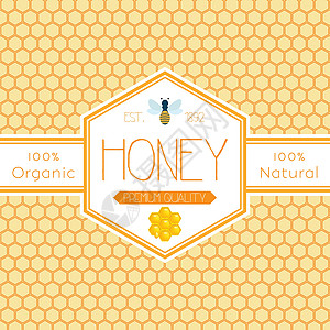 蜂窝彩色图案背景上带有蜜蜂和蜂蜜滴的蜂蜜标志产品的蜂蜜标签模板花粉勺子食物蜂巢质量昆虫甜点细胞橙子六边形图片