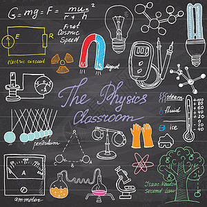 物理和科学元素涂鸦图标集 手绘草图 带显微镜 公式 实验设备 分析工具 磁铁 摆锤 电 矢量图 在黑板上测试科学课堂实验室数学学图片