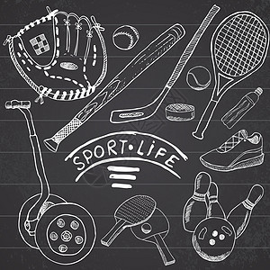 体育素描图面条元素 用棒球棒和手套 Hokkey网球项目 绘画面条收藏 在白色背景上隔绝线条运动游戏草图比赛棒球闲暇曲棍蝙蝠球棒图片