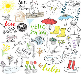 春季设置涂鸦元素 手绘素描集 包括雨伞 雨水 橡胶靴 雨衣 花瓣 园艺工具 巢穴和鸟类 绘图涂鸦集合 在白色背景下被隔离花园绘画图片