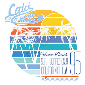 加利福尼亚威尼斯海滩印刷 T恤衫印刷设计 夏季矢量徽章应用标签海浪蓝色游泳衬衫衣服海洋球座假期天堂插图图片