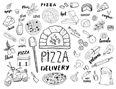 比萨菜单手绘素描集 披萨准备和送货涂鸦 包括面粉和其他食品配料 烤箱和厨房工具 滑板车 披萨盒设计模板 矢量图手绘食物胡椒午餐草图片