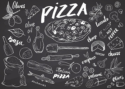 披萨制作设计模板 配有奶酪 橄榄 腊肠 蘑菇 西红柿 面粉和其他成份 在黑板背景上用矢量插图说明香肠胡椒蔬菜绘画食物厨房涂鸦手绘图片