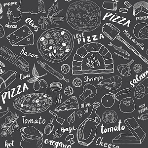 披萨无缝图案手绘草图 比萨涂鸦食物背景与面粉和其他食品配料 烤箱和厨房工具 矢量图小吃烹饪香肠插图墙纸菜单绘画胡椒餐厅图片