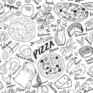 披萨无缝图案手绘草图 比萨涂鸦食物背景与面粉和其他食品配料 烤箱和厨房工具 矢量图胡椒绘画插图菜单墙纸餐厅烹饪小吃香肠图片