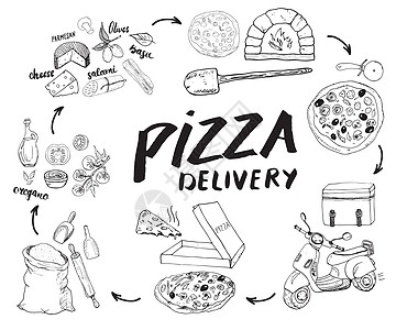 披萨手绘素描集 比萨饼的准备和运送过程 包括面粉和其他食品配料 纸盒 烤箱和厨房工具 滑板车 比萨饼袋设计模板 矢量图蔬菜餐厅胡图片