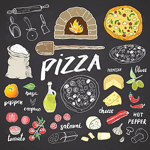 披萨制作设计模板 配有奶酪 橄榄 腊肠 蘑菇 西红柿 面粉和其他成份 在黑板背景上用矢量插图说明香肠手绘烤箱食物蔬菜菜单涂鸦餐厅图片