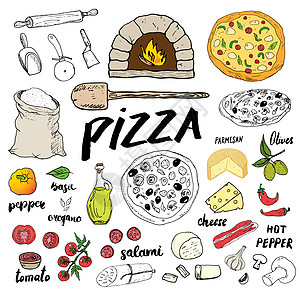 比萨菜单手绘素描集 披萨准备设计模板 包括奶酪 橄榄 意大利腊肠 蘑菇 西红柿 面粉和其他配料 在白色背景上隔离的矢量图绘画胡椒图片