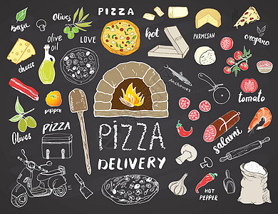 比萨菜单手绘素描集 披萨准备和送货涂鸦 包括面粉和其他食品配料 烤箱和厨房工具 滑板车 披萨盒设计模板 矢量图午餐烹饪摩托车手绘图片