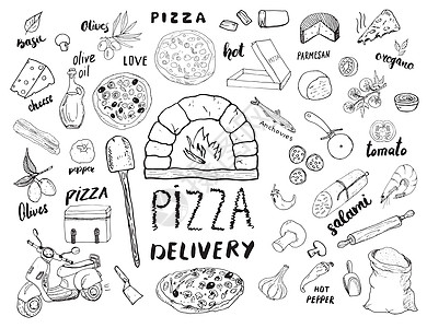 比萨菜单手绘素描集 披萨准备和送货涂鸦 包括面粉和其他食品配料 烤箱和厨房工具 滑板车 披萨盒设计模板 矢量图摩托车书法蔬菜插图图片