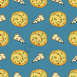 披萨无缝图案手画的草图 整个比萨饼和切片面条 食品背景 矢量插图绘画烤箱涂鸦厨房菜单烹饪手绘胡椒餐厅食物图片