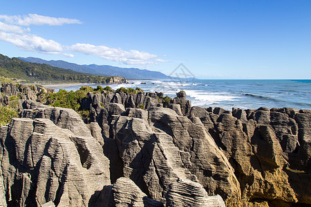 Punakaiki 煎饼冰块在新西兰全景地质学悬崖观光海滩岩石石灰石海洋吸引力气孔图片