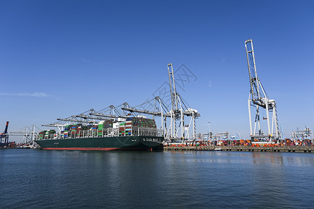 大型起重机和停泊在港口的船舶集装箱贮存贸易物流大部分码头技术海关血管仓库图片