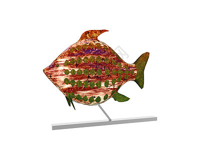 彩色的鱼作为战利品游泳雕塑金属黄色艺术品红色背景图片
