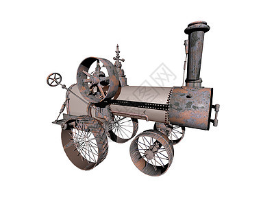 车轮上古老钢蒸汽发动机车辆铆钉齿轮烟囱金属修路工地锅炉背景图片