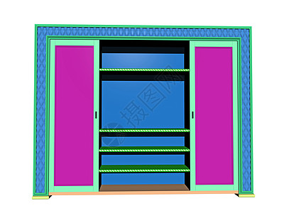 装有车厢的彩色木制衣柜货架蓝色红色家具绿色卧室背景图片
