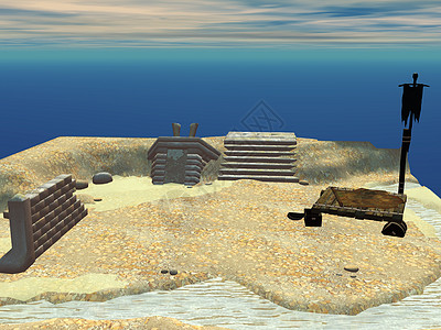 带有砖头军事阵地的高台地球沙漠废墟脚步岩石石工天空木板图片