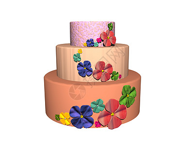 三层彩色装饰的结婚蛋糕红色甜点面团蓝色塔蛋糕绿色奶油图片