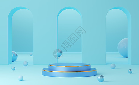 清空蓝色圆柱形讲台 有金边框和球在拱顶上图片