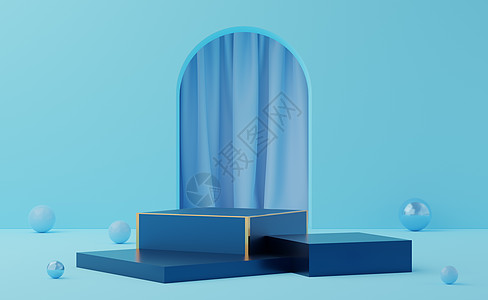 空蓝色立方体讲台 有金边框和球在拱形和圆柱上图片