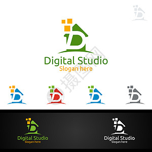 数字营销财务顾问或投入矢量logo设计图标的数字演播室D字母 D图片