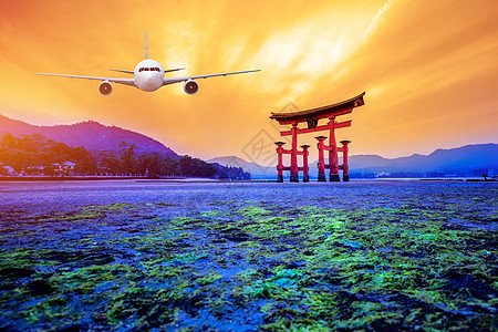 空中运输真实的飞机飞越托里城门 观望广岛 日本鬼子背景