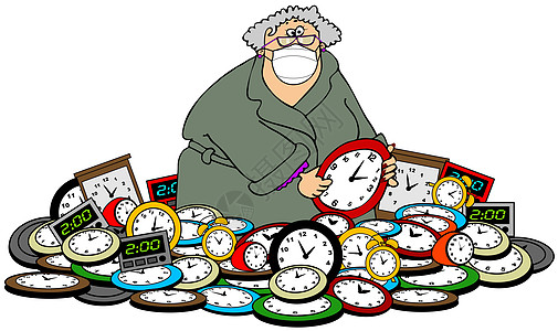 女人在一连串的时钟里 定下时间图片