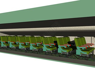 设有一排座位和过道的飞机机舱绿色火车车厢装潢客舱红色运输背景图片