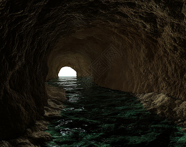 隧道光深长的黑暗隧道 尽头充满水和光岩石波浪隧道背景