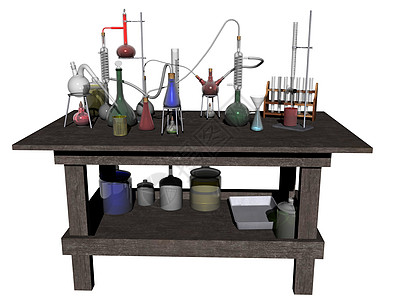 含有许多玻璃杯和化学品的实验室桌表船只眼镜科学实验台烧瓶瓶子研究试管桌子吸管图片