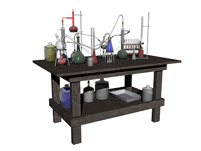 含有许多玻璃杯和化学品的实验室桌表学校船只烧瓶桌子科学吸管眼镜试管瓶子实验台图片