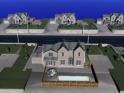 住宅区 在一条宽阔的街道上建有房屋停车场树木城市小城人行道草地路灯柏油前院窗户图片