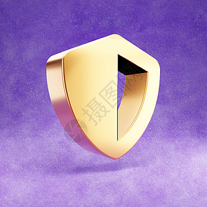 盾牌图标 紫色天鹅绒背景上孤立的金色光泽盾牌符号图片