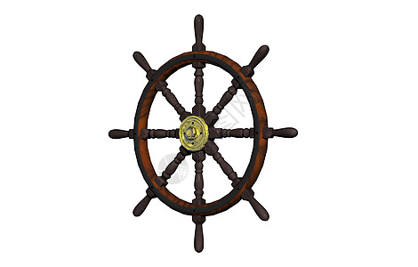 一艘帆船上的老旧木制方向轮黄铜棕色金属航海船轮辐条瘢痕把手图片