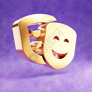 剧院面具图标 紫色天鹅绒背景上孤立的金色光泽剧院面具符号背景图片