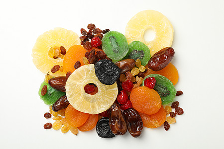 白色背景的干果 顶视图葡萄干坚果饮食杏仁菠萝团体奇异果榛子营养食物图片