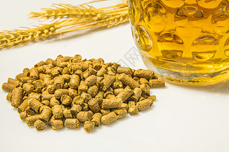 装有啤酒杯的Hops球玻璃颗粒金子啤酒植物药品黄色液体饮料酒花图片