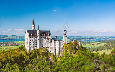 德国巴伐利亚纽施文斯坦城堡宫殿石头悬崖历史联盟全景旅游历史性纪念碑森林旅行图片