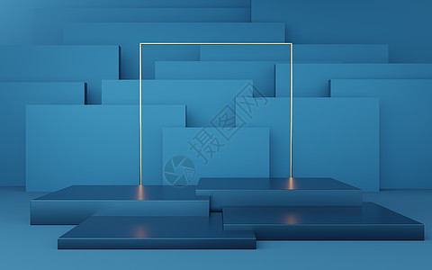 空的蓝色立方体讲台 蓝色有金色边框和金色正方形艺术陈列柜框架装饰插图优胜者站立展示大理石盒子图片