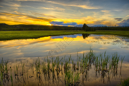 黄石公园日落在湖中反射图片