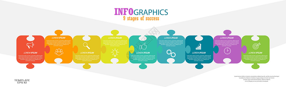 信息图表 带有视觉图标的概念模板 9个阶段战略商业生产报告反射训练顺序绘画命令营销背景图片