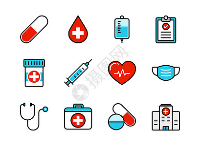 医疗和医疗保健图标设置颜色线样式 Web 符号图片