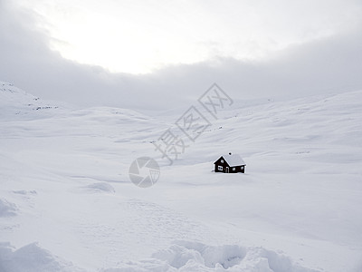 雪覆盖的孤家寡屋小屋 白色冬季风景 挪威季节孤独旅行山脉山峰场景环境房子海岸冻结图片