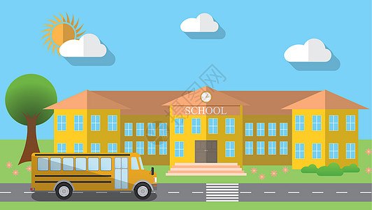 平面设计矢量图的学校建筑和停放的校车在平面设计风格 矢量图图书馆学习城市课堂插图艺术运输卡通片教育公共汽车图片